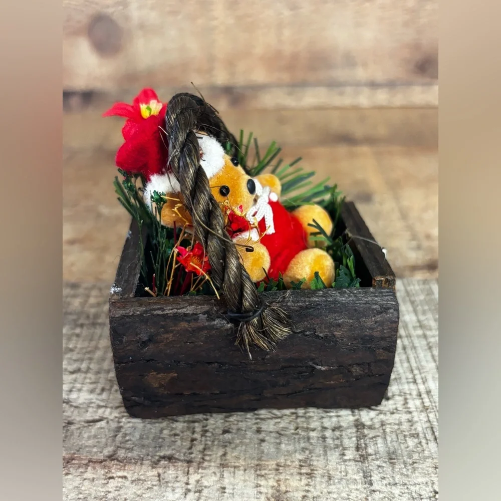 Vintage Flocked Teddy Bear Santa Wood Basket Christmas Ornament 3” Kitschy